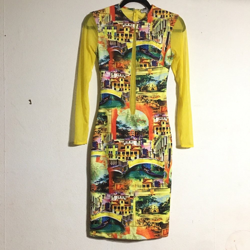 Sharon E Clarke Yellow Graphic Printed Long Sleeve Mesh Cut Out Dress: Size Med